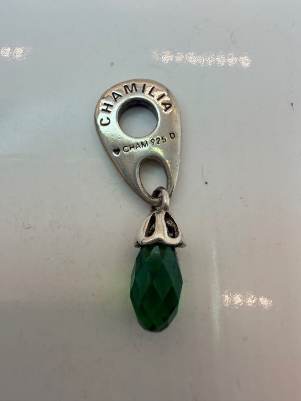 Retired Chamilia May Emerald Birthstone Green Dangle Sterling Silver Charm